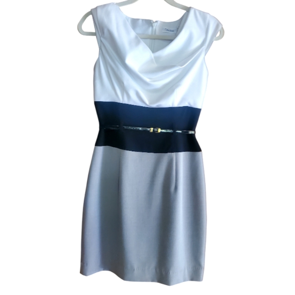 Calvin Klein Draped Neck SLeeveless Wh/Gr/Bk Dress Size 2